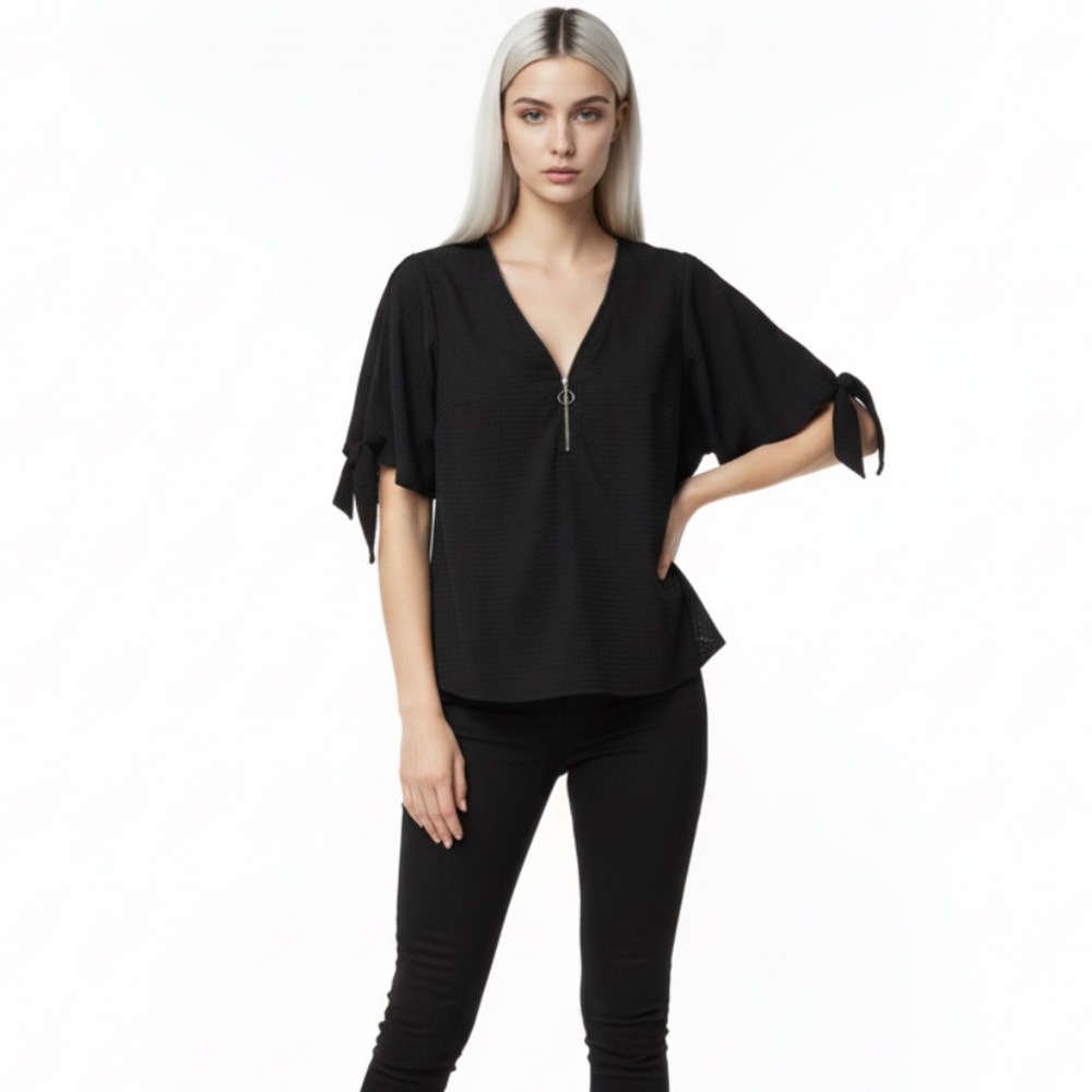 SHEIN Curve Black‎ Textured V Neck Zipper Sleeve Tie Top Plus Size 1XL